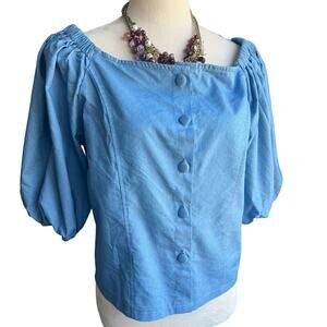 NEW Retro Off Shoulder Chambray Puff Sleeve Button Up Loose Light Top Blouse 2XL